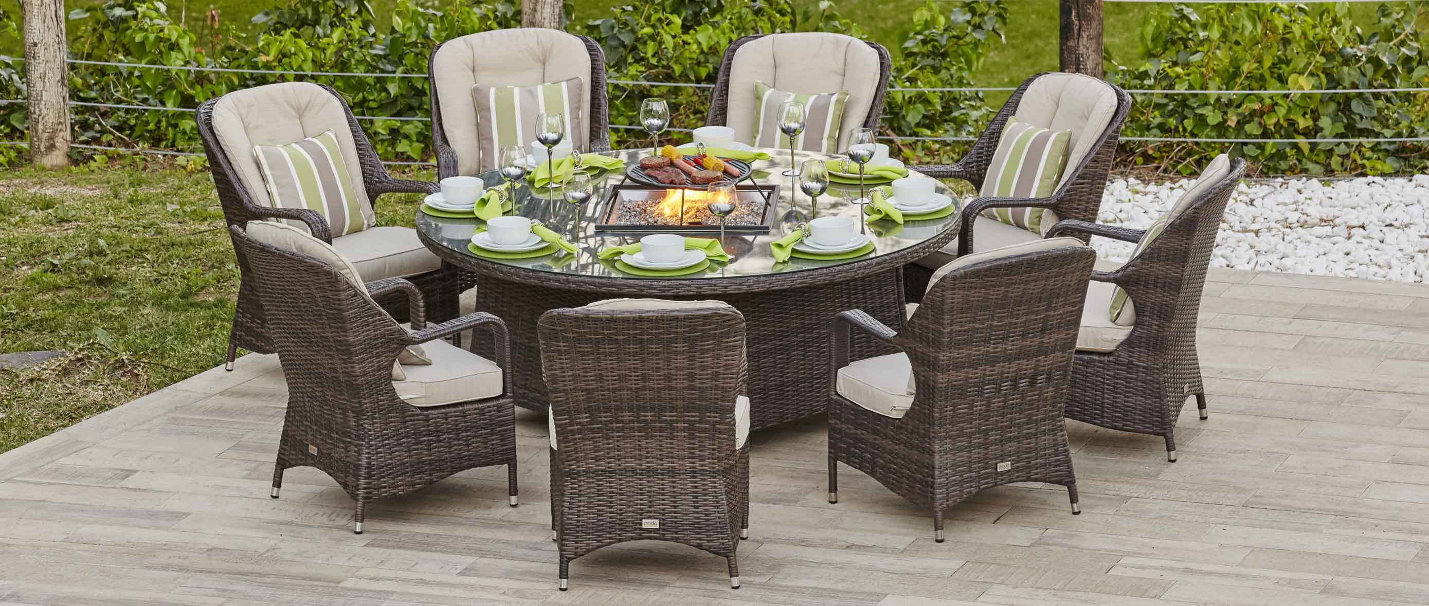 Turnbury Outdoor 9 Piece Patio Wicker Gas Fire Pit Set Round Table With Arm Chairs by Direct Wicker