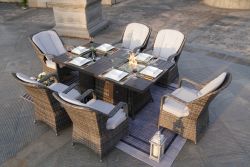 7 PCS Patio Gas Firepit and Ice Container Rectangle Dining Set with 6 Standard Height Chairs