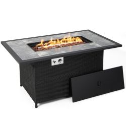 52 Inch Rattan Wicker Propane Fire Pit Table with Rain Cover and Lava Rock